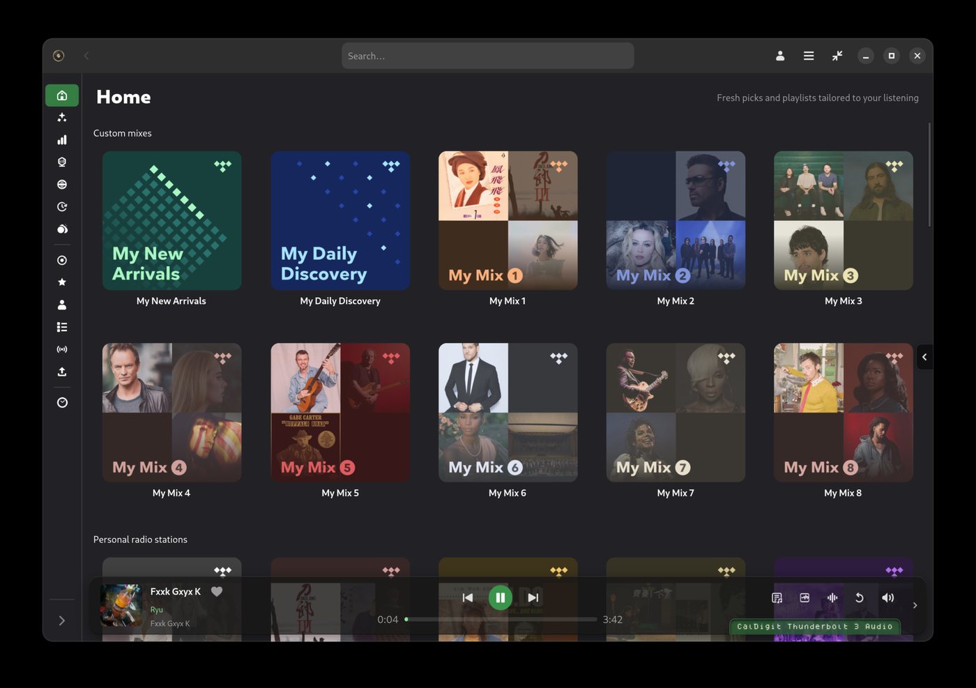 OxiTide on Linux: the Home page with custom mixes in the GTK4 build