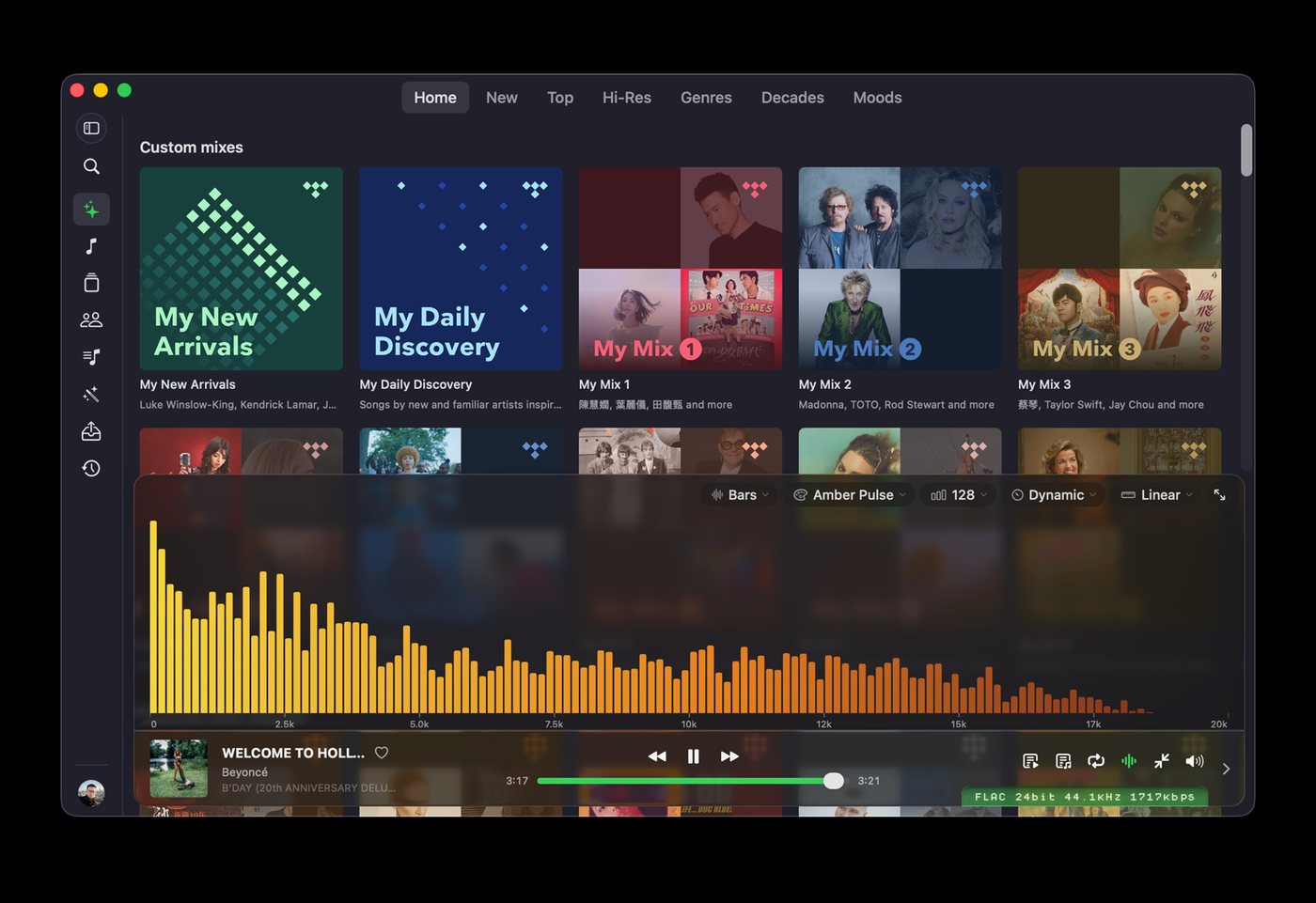 OxiTide on macOS: Home with the spectrum visualizer, SwiftUI build
