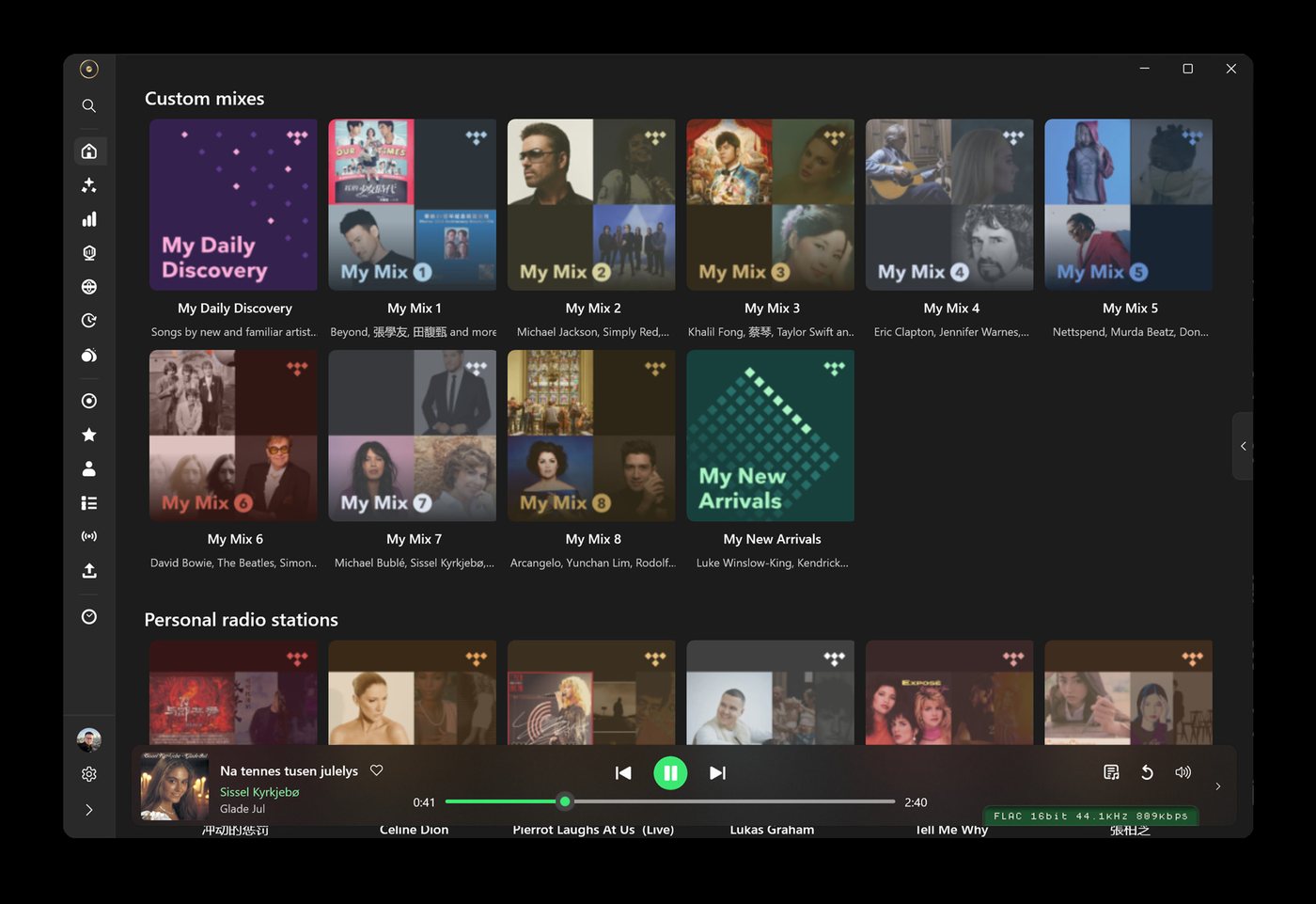 OxiTide on Windows: Home, the play bar naming the format reaching the DAC, WinUI 3 build
